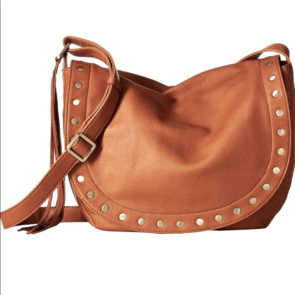 Hobo Maverick Large Tan Studded Tassel Leather Crossbody Shoulder Bag Purse